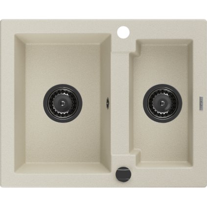 Mexen Carlos, granitový dřez 582x475x177 mm, 1,5-komorový, béžová s černým sifonem, 6518581500-69-B