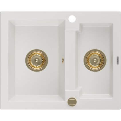 Mexen Carlos, granitový dřez 582x475x177 mm, 1,5-komorový, bílá se zlatým sifonem, 6518581500-20-G
