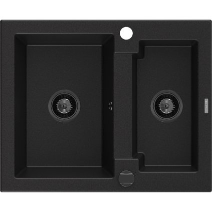 Mexen Carlos, granitový dřez 582x475x177 mm, 1,5-komorový, černá s černým sifonem, 6518581500-77-B