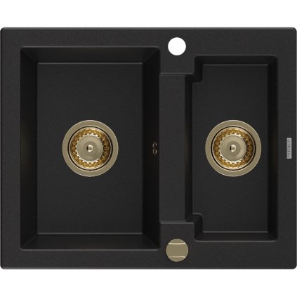 Mexen Carlos, granitový dřez 582x475x177 mm, 1,5-komorový, černá se zlatým sifonem, 6518581500-77-G