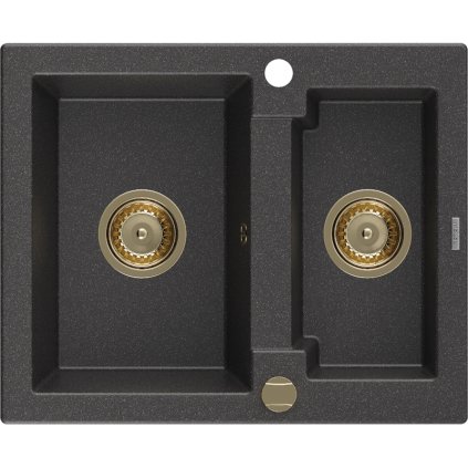 Mexen Carlos, granitový dřez 582x475x177 mm, 1,5-komorový, černá skvrnitá se zlatým sifonem, 6518581500-76-G