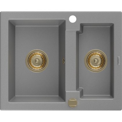 Mexen Carlos, granitový dřez 582x475x177 mm, 1,5-komorový, šedá se zlatým sifonem, 6518581500-71-G
