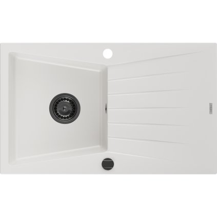 Mexen Cesar, granitový dřez 775x470x190 mm, 1-komorový, bílá s černým sifonem, 6514771010-20-B