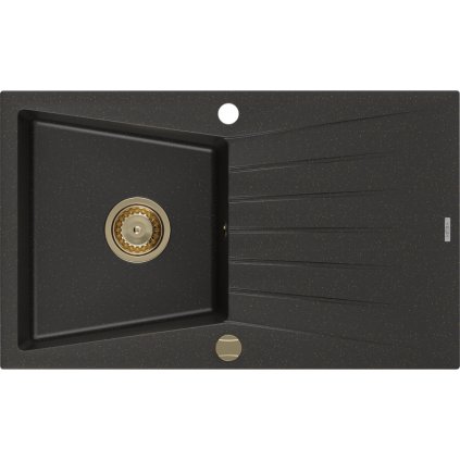 Mexen Cesar, granitový dřez 775x470x190 mm, 1-komorový, černá-zlatá metalíza se zlatým sifonem, 6514771010-75-G