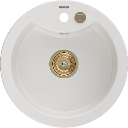 Mexen Diego, granitový dřez 488x488x167 mm, 1-komorový, bílá se zlatým sifonem, 6512481000-20-G