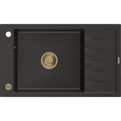 Mexen Elias, granitový dřez granitový 795x480x200 mm, 1-komorový, černá-zlatá metalíza se zlatým sifonem, 6511791005-75-G