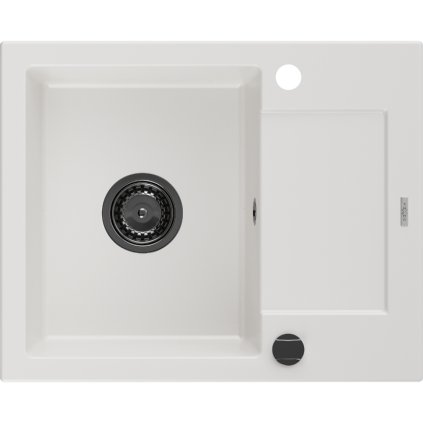 Mexen Enzo, granitový dřez 576x465x174 mm, 1-komorový, bílá s černým sifonem, 6506571005-20-B