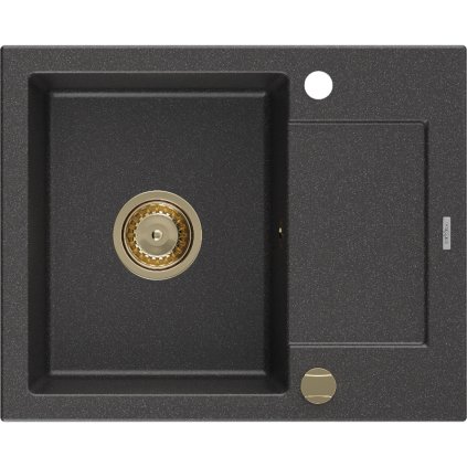 Mexen Enzo, granitový dřez 576x465x174 mm, 1-komorový, černá skvrnitá se zlatým sifonem, 6506571005-76-G