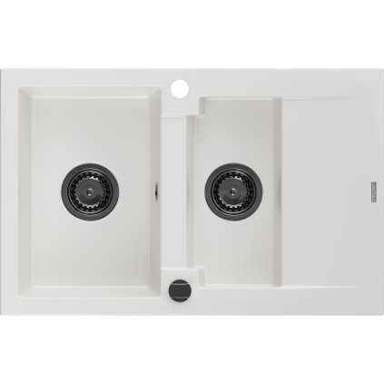 Mexen Gaspar, granitový dřez 737x475x177 mm, 1,5-komorový, bílá s černým sifonem, 6507731505-20-B