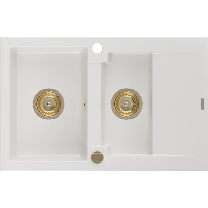 Mexen Gaspar, granitový dřez 737x475x177 mm, 1,5-komorový, bílá se zlatým sifonem, 6507731505-20-G