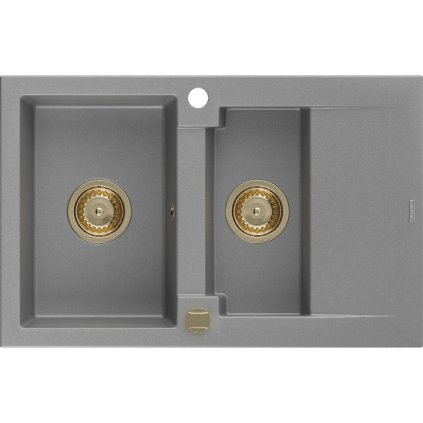 Mexen Gaspar, granitový dřez 737x475x177 mm, 1,5-komorový, šedá se zlatým sifonem, 6507731505-71-G