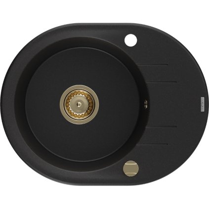 Mexen Kevin, granitový dřez 586x458x190 mm, 1-komorový, černá se zlatým sifonem, 6517581005-77-G