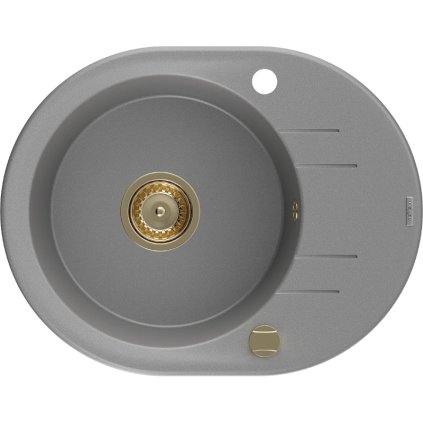 Mexen Kevin, granitový dřez 586x458x190 mm, 1-komorový, šedá se zlatým sifonem, 6517581005-71-G