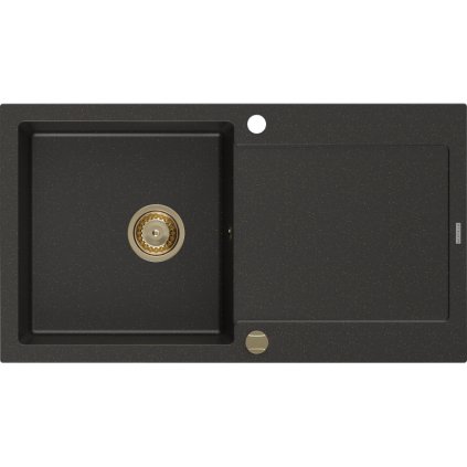 Mexen Leo, dřez granitový 900x500x190 mm, 1-komorový, černá-zlatá metalíza se zlatým sifonem, 6501901010-75-G