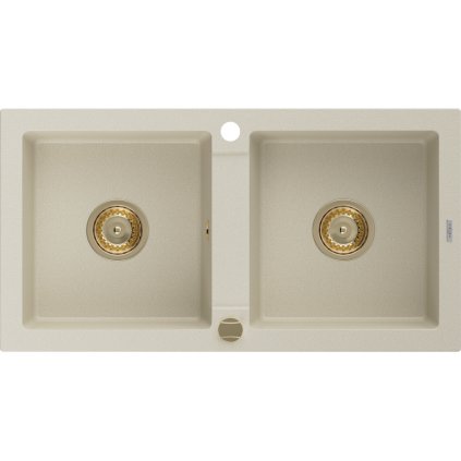 Mexen Mario, granitový dřez 820x436x161 mm, 2-komorový, béžová se zlatým sifonem, 6504822000-69-G