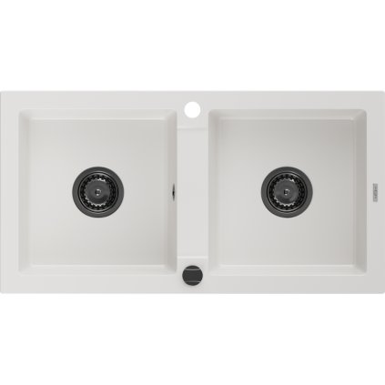 Mexen Mario, granitový dřez 820x436x161 mm, 2-komorový, bílá s černým sifonem, 6504822000-20-B