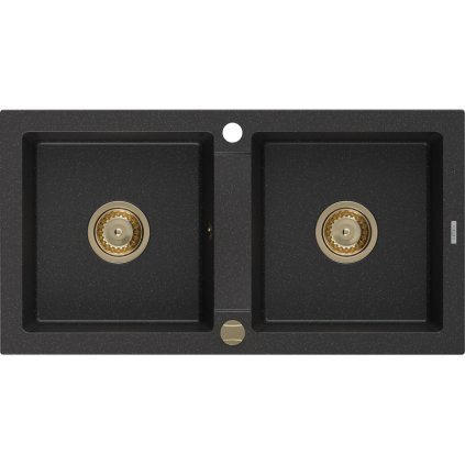 Mexen Mario, granitový dřez 820x436x161 mm, 2-komorový, černá-stříbrná metalíza se zlatým sifonem, 6504822000-73-G