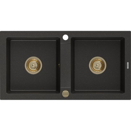 Mexen Mario, granitový dřez 820x436x161 mm, 2-komorový, černá-zlatá metalíza se zlatým sifonem, 6504822000-75-G