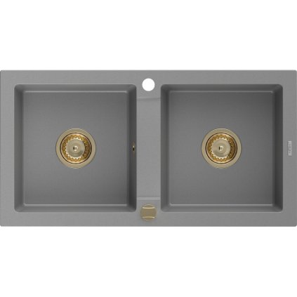 Mexen Mario, granitový dřez 820x436x161 mm, 2-komorový, šedá se zlatým sifonem, 6504822000-71-G