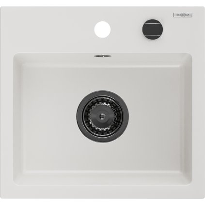 Mexen Milo, granitový dřez 435x410x171 mm, 1-komorový, bílá s černým sifonem, 6505441000-20-B