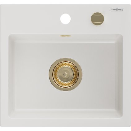 Mexen Milo, granitový dřez 435x410x171 mm, 1-komorový, bílá se zlatým sifonem, 6505441000-20-G
