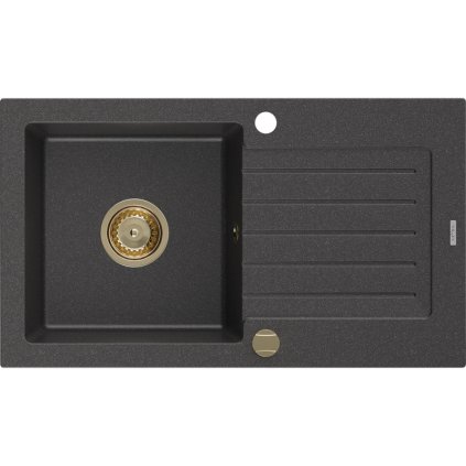 Mexen Pablo, granitový dřez 752x436x161 mm, 1-komorový, černá skvrnitá se zlatým sifonem, 6510751010-76-G