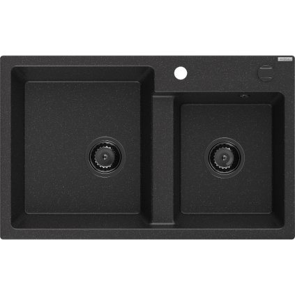 Mexen Tomas, granitový dřez 800x500x190 mm, 2-komorový, černá-stříbrná metalíza s černým sifonem, 6516802000-73-B