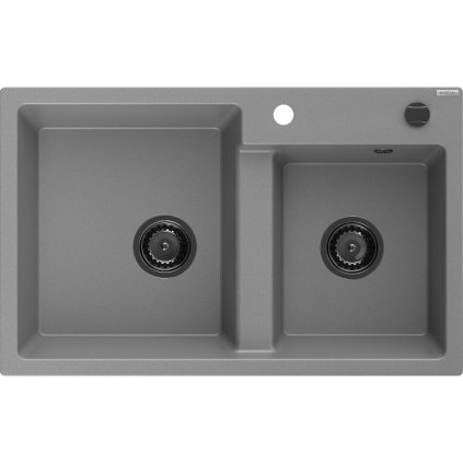 Mexen Tomas, granitový dřez 800x500x190 mm, 2-komorový, šedá s černým sifonem, 6516802000-71-B