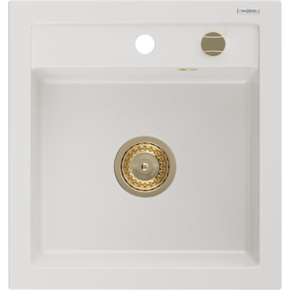 Mexen Vito, granitový dřez 520x490x210 mm, 1-komorový, bílá se zlatým sifonem, 6503521000-20-G