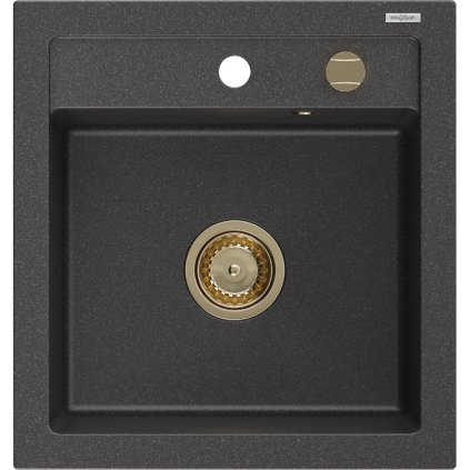 Mexen Vito, granitový dřez 520x490x210 mm, 1-komorový, černá skvrnitá se zlatým sifonem, 6503521000-76-G