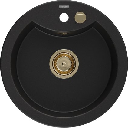Mexen Diego, granitový dřez 488x488x167 mm, 1-komorový, černá se zlatým sifonem, 6512481000-77-G