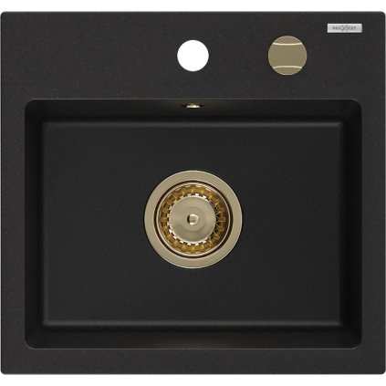 Mexen Milo, granitový dřez 435x410x171 mm, 1-komorový, černá se zlatým sifonem, 6505441000-77-G