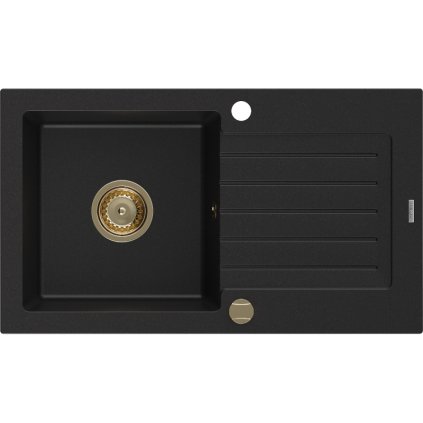 Mexen Pablo, granitový dřez 752x436x161 mm, 1-komorový, černá se zlatým sifonem, 6510751010-77-G