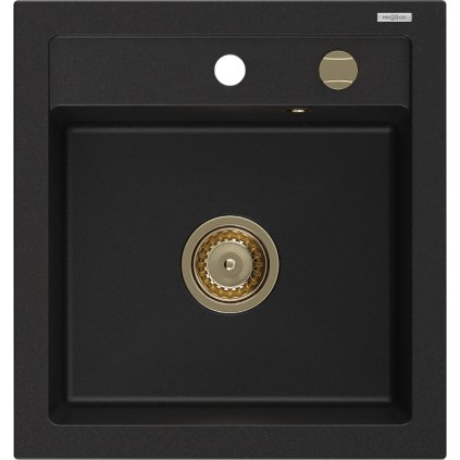 Mexen Vito, granitový dřez 520x490x210 mm, 1-komorový, černá se zlatým sifonem, 6503521000-77-G
