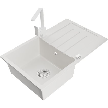 Mexen Bruno, dřez granitový 795x495x200 mm, 1-komorový, bílá s chromovým sifonem a bílá dřezová baterie Rita, 6513-20-670300-20