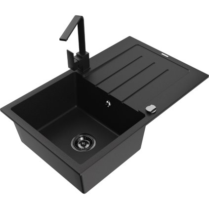 Mexen Bruno, dřez granitový 795x495x200 mm, 1-komorový, černá s černým sifonem a černá dřezová baterie Rita, 6513-77-670300-70-B