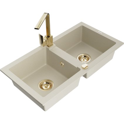 Mexen Mario, granitový dřez 820x436x161 mm, 2-komorový, béžová se zlatým sifonem a zlatá dřezová baterie Rita, 6504-69-670300-50