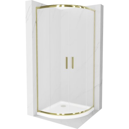 Mexen Rio, čtvrtkruhový sprchový kout s posuvnými dveřmi 80 (dveře) x 80 (dveře) x 190 cm, 5mm sklo námraza, zlatý profil + bílá sprchová vanička SLIM, 863-080-080-50-30-4110G