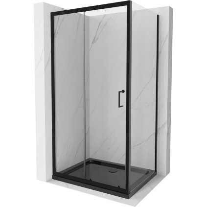 Mexen Apia sprchový kout s posuvnými dveřmi 90 (dveře) x 100 (stěna) cm, 5mm čiré sklo, černý profil + černá sprchová vanička s černým sifonem, 840-090-100-70-00-4070B
