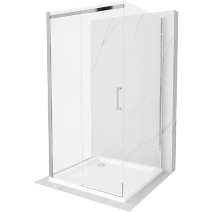 Mexen Omega, 3-stěnový sprchový kout s posuvnými dveřmi 100 (dveře) x 100 (stěna) x 190 cm, 8mm čiré sklo, chromový profil + bílá sprchová vanička SLIM, 825-100-100-01-00-3s-401