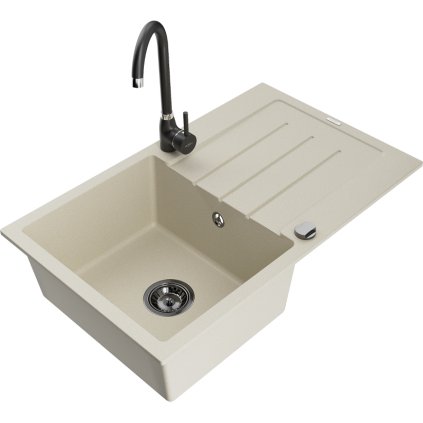 Mexen Bruno, 1-komorový granitový dřez s odkapávačem 795x495x200 mm a černá kuchyňská baterie Telma, béžová, 6513-69-670200-70