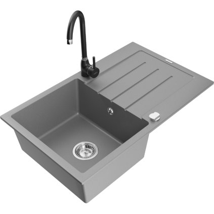 Mexen Bruno, 1-komorový granitový dřez s odkapávačem 795x495x200 mm a černá kuchyňská baterie Telma, šedá, 6513-71-670200-70