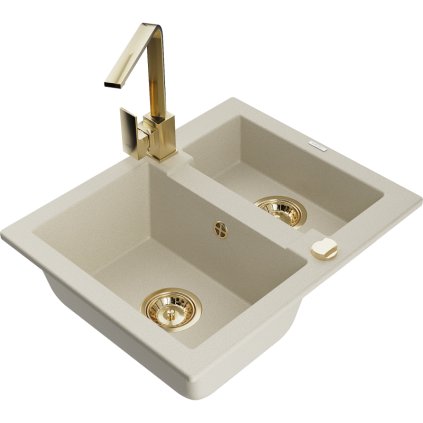 Mexen Carlos, 1,5-komorový granitový dřez s odkapávačem 582x475x177 mm a zlatá kuchyňská baterie Rita, béžová, 6518-69-670300-50
