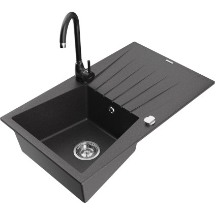 Mexen Cesar, granitový dřez 775x470x190 mm, 1-komorový a černá baterie Telma, černá skvrnitá, 6514-76-670200-70
