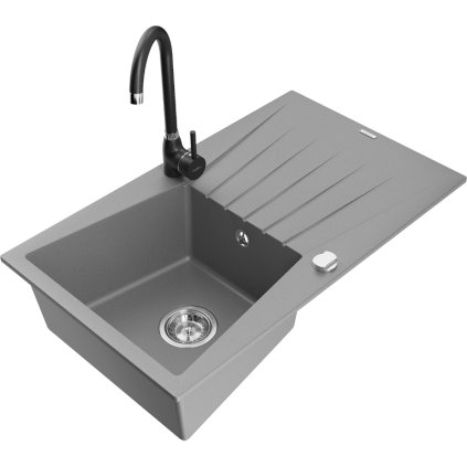 Mexen Cesar, granitový dřez 775x470x190 mm, 1-komorový, šedá s chromovým sifonem a černá dřezová baterie Telma, 6514-71-670200-70