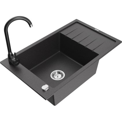 Mexen Elias, 1-komorový granitový dřez s odkapávačem 795x480x200 mm a černá kuchyňská baterie Telma, černá skvrnitá, 6511-76-670200-70