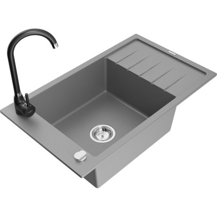 Mexen Elias, 1-komorový granitový dřez s odkapávačem 795x480x200 mm a černá matná kuchyňská baterie Telma, šedá, 6511-71-670200-70