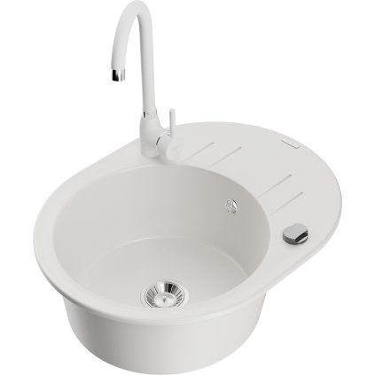 Mexen Kevin, dřez granitový 586x458x190 mm, 1-komorový a bílá matná baterie Telma, bílá, 6517-20-670200-20