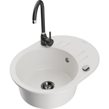 Mexen Kevin, dřez granitový 586x458x190 mm, 1-komorový a černá matná baterie Telma, bílá, 6517-20-670200-70