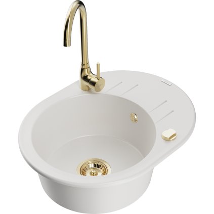 Mexen Kevin, dřez granitový 586x458x190 mm, 1-komorový a zlatá baterie Telma, bílá, 6517-20-670200-50